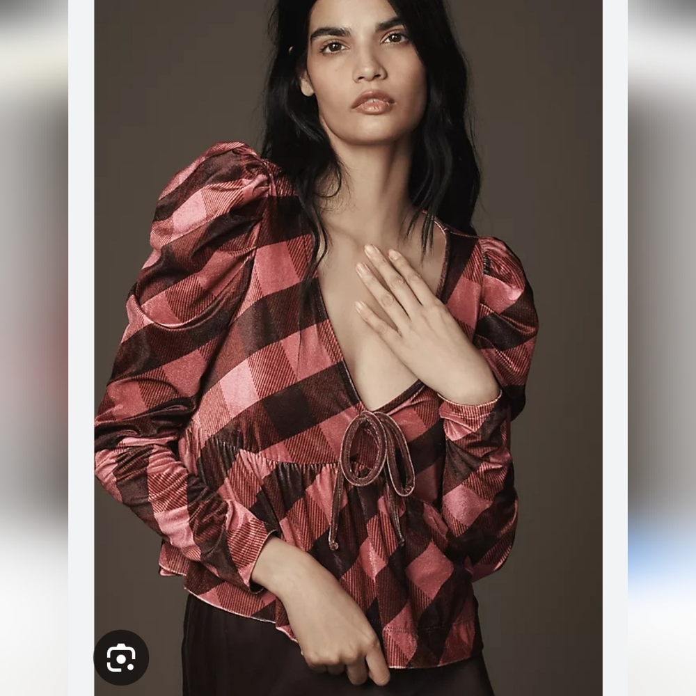 Maeve Pink and Black Checkered Puff Sleeve Velvet Blouse